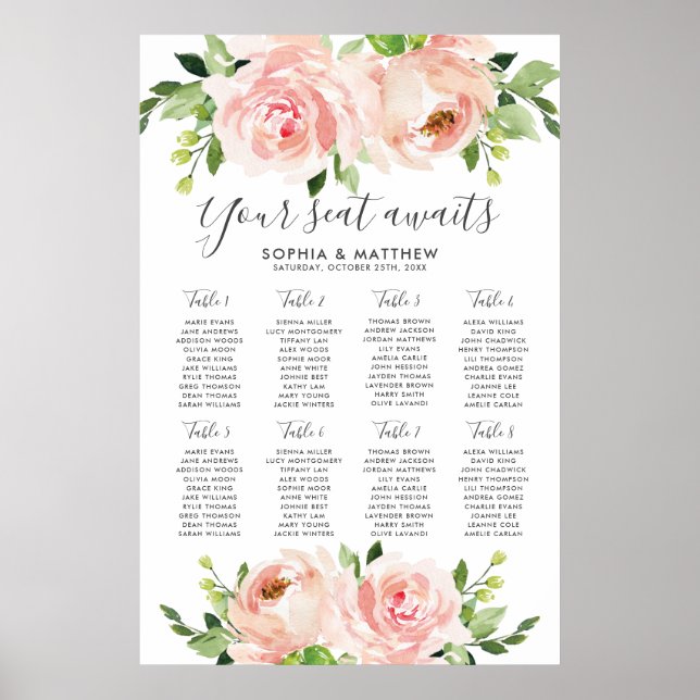 Poster Placa Sentada de Casamento de Flores Florais-Rosa  (Frente)