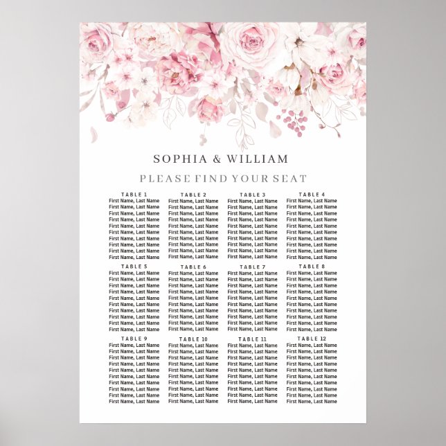 Poster Placa Sentada de Casamento de Mesa Floral Blush (Frente)