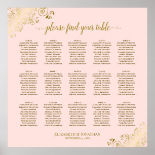 Poster Placa Sentada de Casamento de Mesa Rosa e Dourada 