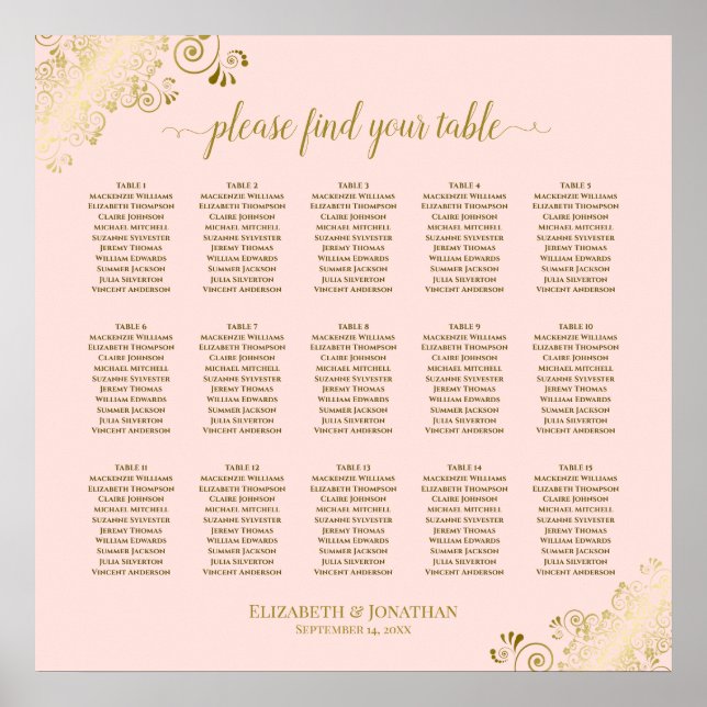 Poster Placa Sentada de Casamento de Mesa Rosa e Dourada  (Frente)