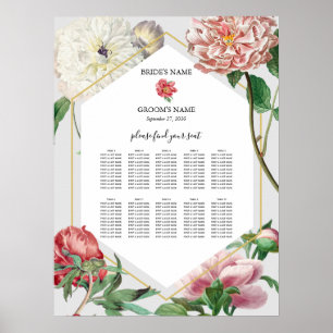 Poster Placa Sentada de Casamento de Pêonias Brancas Rosa