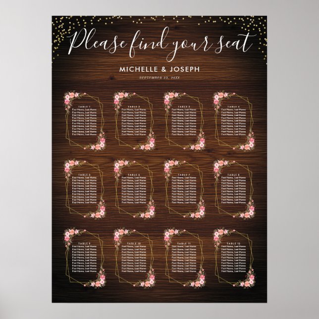 Poster Placa Sentada De Casamento Floral Rosa Dourada De  (Frente)