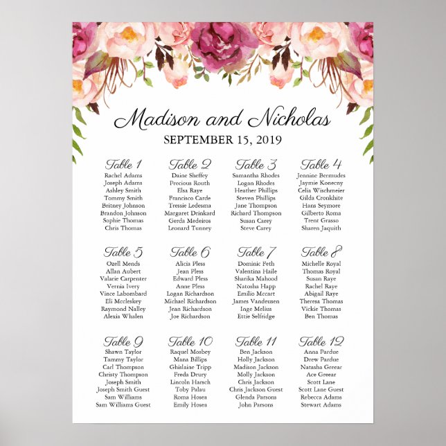 Poster Placa Sentada de Casamento Floral Rosa-Rosa Russo (Frente)