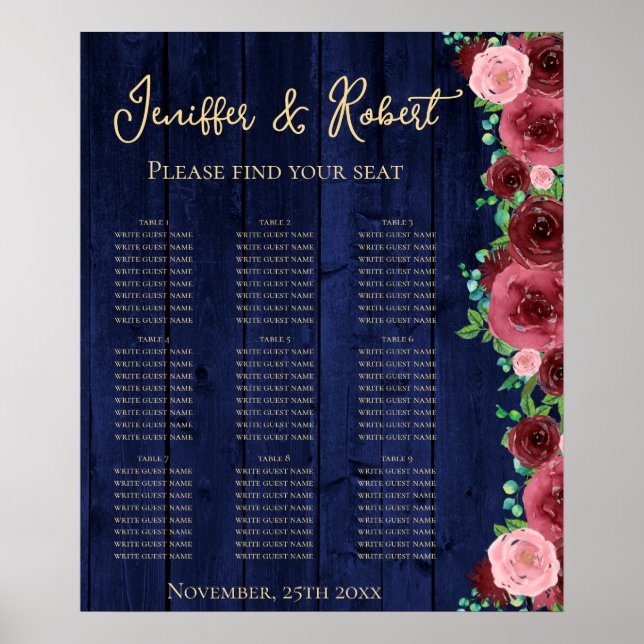 Poster Placa Sentada de Mesa Rustic Burgundy 9 Floral (Frente)