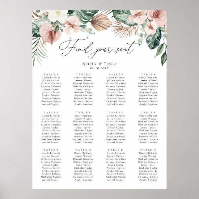 Poster Placa Tropical Palma Floral Blush Sentado Casament (Frente)