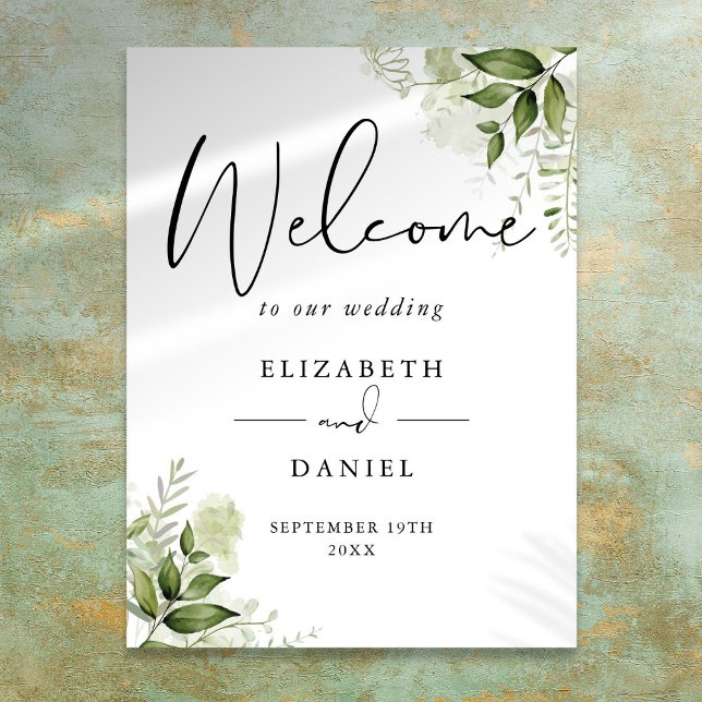 Poster Placas de Boas-Vindas de Casamento com Folhagem Ve (Greenery Foliage Wedding Welcome Sign)