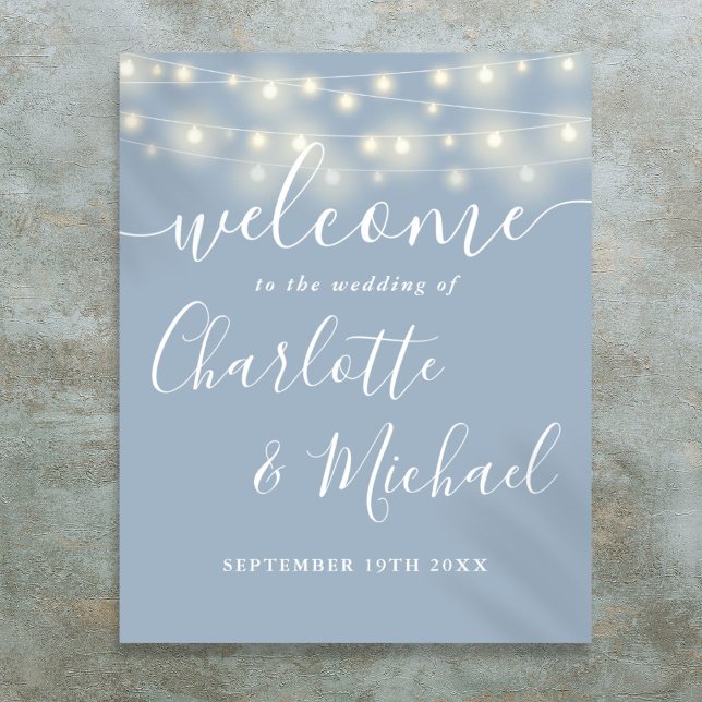 Poster Placas de Boas-Vindas de Casamento com Luzes de Co (Dusty Blue String Lights Wedding Welcome Sign)