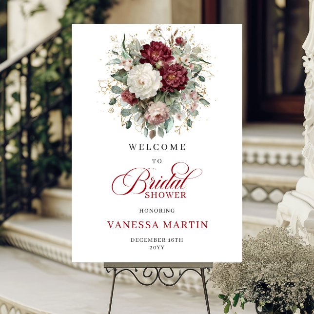 Poster Placas de Boas-Vindas Nupcial com Flores de Marsal (Marsala Flowers Greenery Gold Bridal Welcome Sign

)