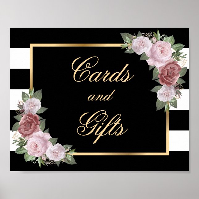 Poster Placas de Cartões de Casamento Florais Pretos Eleg (Frente)