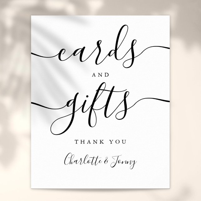 Poster Placas de Cartões e Presentes em Preto e Branco (Black And White Script Cards And Gifts Sign)