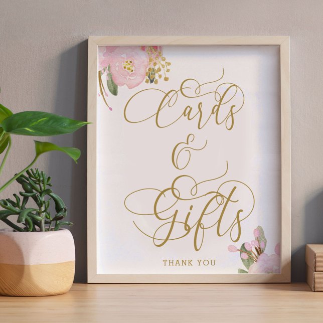 Poster Placas de Cartões e Presentes Rosa Floral Elegante (Cards & Gifts Table Sign from my Pink and Gold Watercolor Floral Collection)