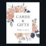 Poster Placas de cartões florais rústicos simples e prese<br><div class="desc">Este simples letreiro rústico de cartões e presentes florais é perfeito para o seu elegante casamento de primavera vintage. É projetado com flores de rosa clássicas e peônias rosadas simplistas. Tudo isso é acompanhado por toques de eucalipto verde e folhas navy. Com todas essas flores coloridas e delicadas aquarelas, você...</div>