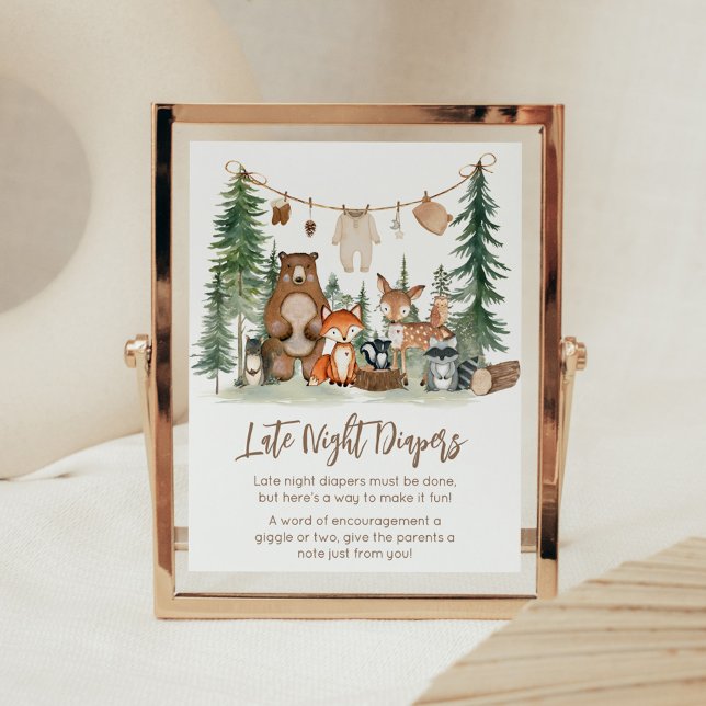 Poster Placas de Fraldas Noturnas de Animais da Floresta (Woodland Animals Adventure Awaits Rustic Baby Shower Sign)