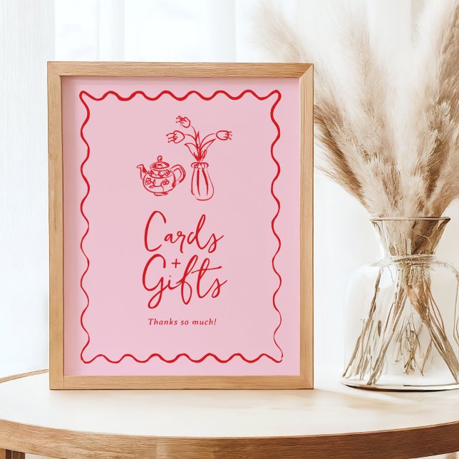 Poster Placas e Presentes Chá de Noiva com Esboço Caprich (cards and gifts table sign in pink with hand drawn doodle tea pot and vase)