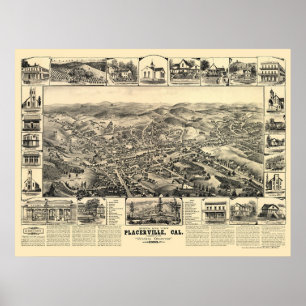 Pôster Placerville, mapa panorâmico de CA - 1888