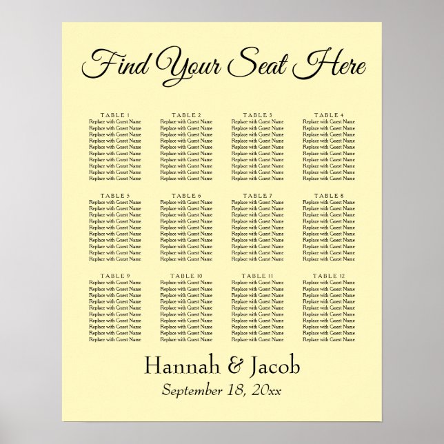 Poster Plain Light Yellow Wedding Reception Seating Chart (Frente)