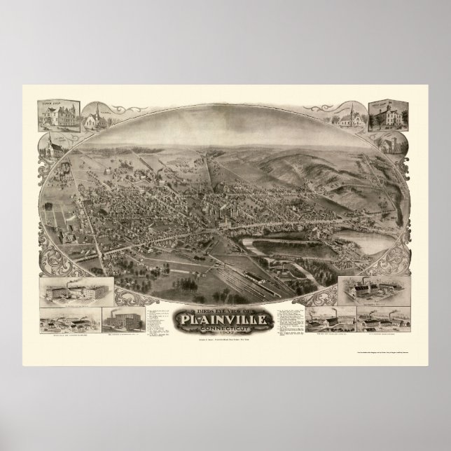 Poster Plainville, CT Mapa Panorâmico - 1907 (Frente)