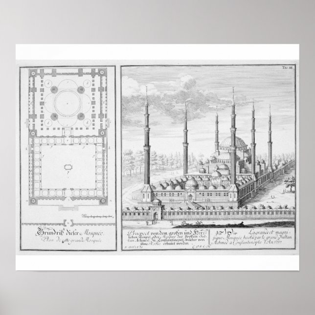 Pôster Plan and View of the Blue Mosque (1609-16), built (Frente)