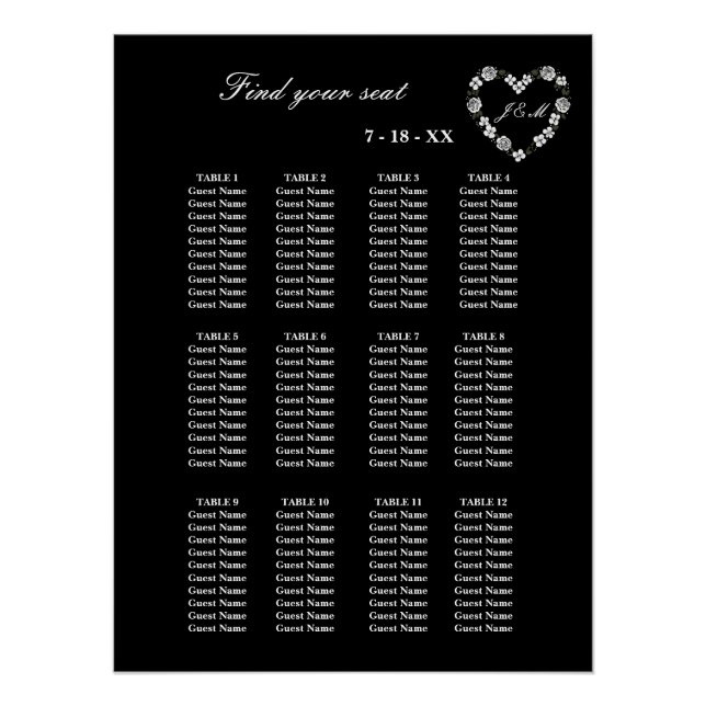 Pôster Plan de table mariage noir et blanc  12 tables (Frente)