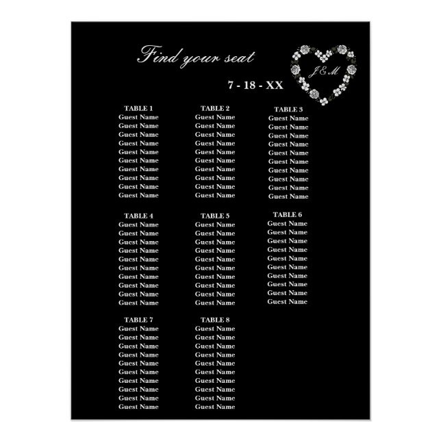 Pôster Plan de table mariage noir et blanc 8 tables  (Frente)