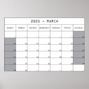 Poster planejador calendário março 2025 grande espaço par