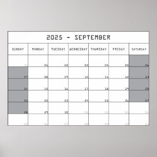 Poster planejador calendário setembro 2025 grande espaço 