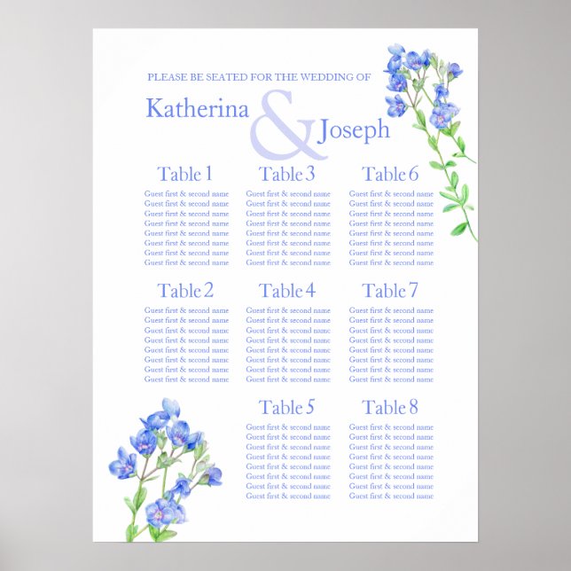 Pôster Planejador de Assentos de Casamento Speedwell azul (Frente)