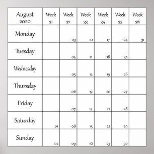 Poster planejador de calendário de agosto de 2020 com núm