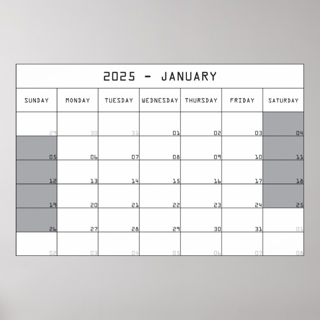 Poster planejador de calendário de janeiro de 2025 com gr (Frente)
