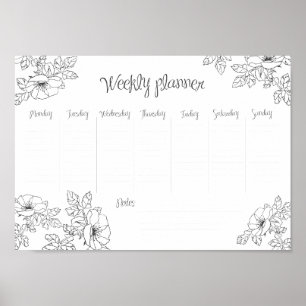 Poster Planejador semanal esboço à mão flores e folhas