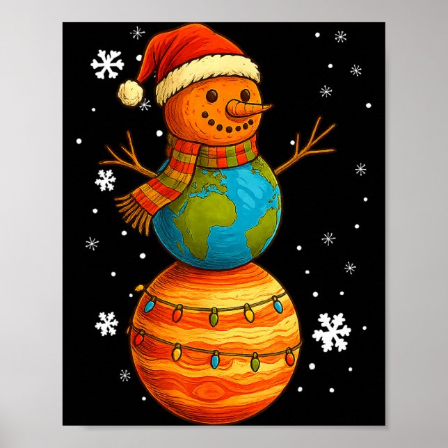 Poster Planet Snowman Earth Saturn Christmas Holiday Art  (Frente)