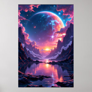 Poster Planeta Fantástico Erguendo-se sobre Montanhas e Á