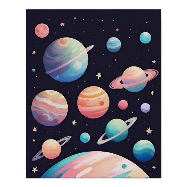 Pôster Planetas coloridos de Pastel no espaço escuro (Frente)