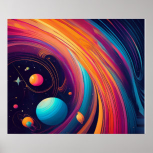 Poster Planetas Cósmicos Giram Arte Abstrata Colorida
