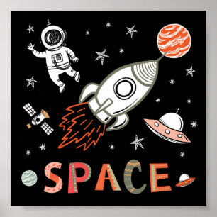 Poster Planetas de foguetes Astronautas do Espaço Exterio