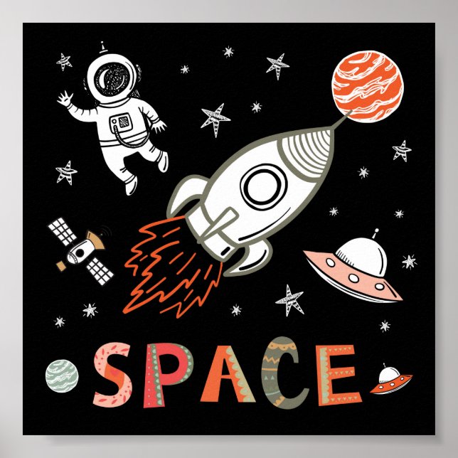 Poster Planetas de foguetes Astronautas do Espaço Exterio (Frente)