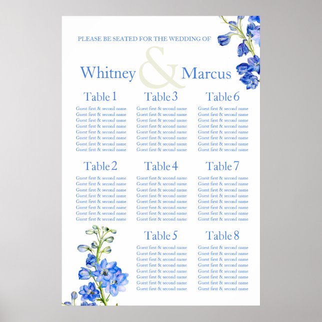 Pôster Planner de Mesa de Casamento Azul Delphinium (Frente)