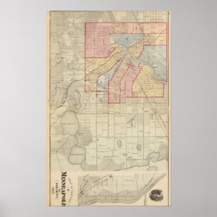 Pôster Plano da cidade de Minneapolis e de vizinhança