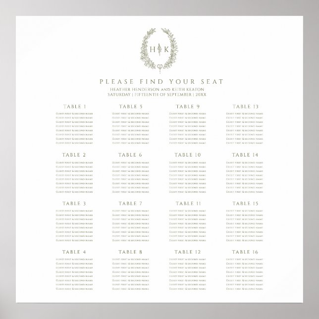 Poster Plano de 16 mesas de casamento oval elegante em ve (Frente)