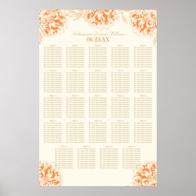 Poster Plano de Assento de Cama de Noiva Floral Laranja E (Frente)
