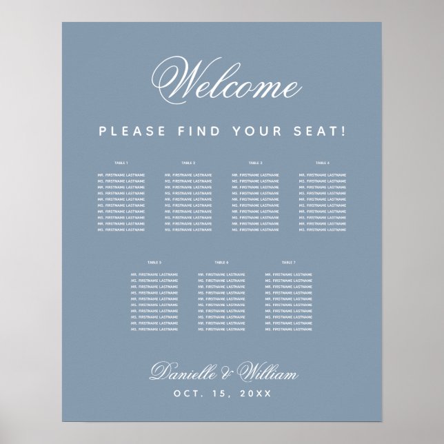Poster Plano de Assento de Casamento Azul Empoeirado de 7 (Frente)