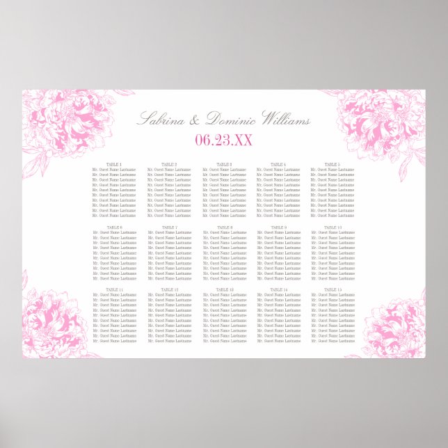 Pôster Plano de Assento de Casamento Elegante Rosa Fúcsia (Frente)