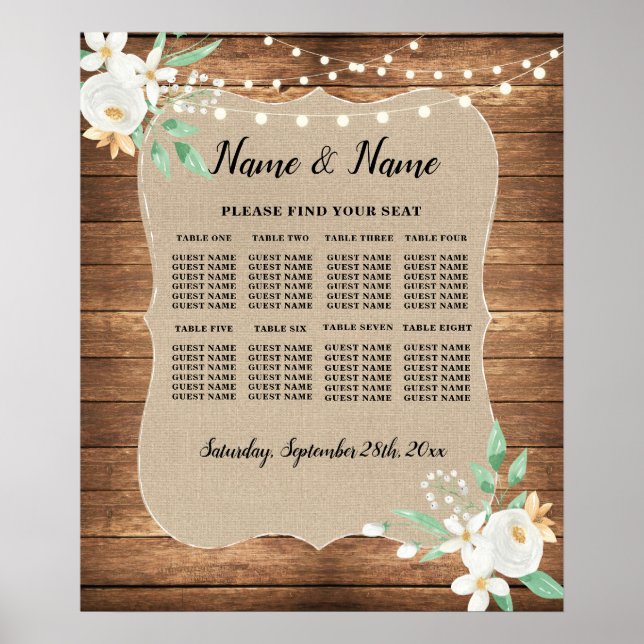 Poster Plano de Assento de Casamento Mesa Floral Branco 8 (Frente)
