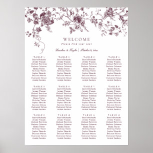 Poster Plano de Assento de Casamento Vintage Merlot Flora