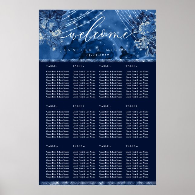 Poster Plano de Assento de Mesa Floral Azul Marinho Ocean (Frente)