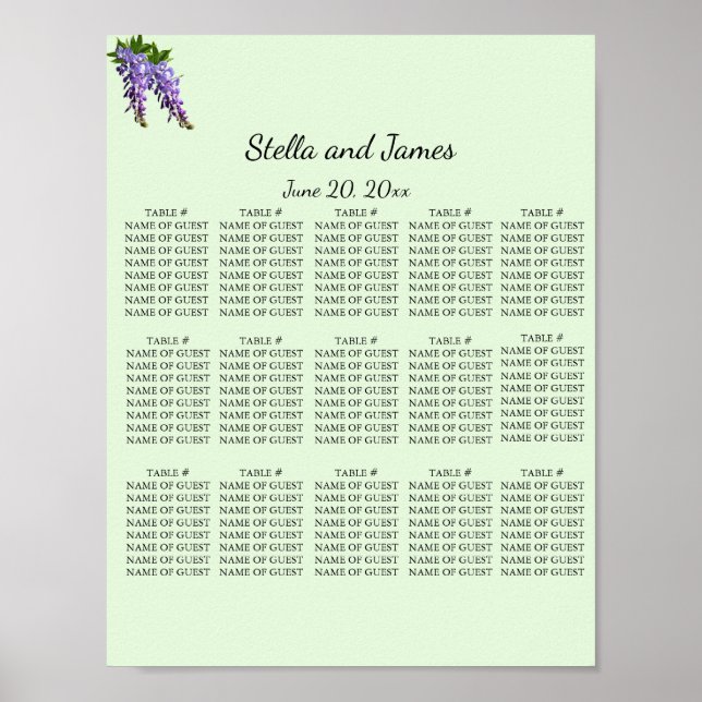 Poster Plano de Assentos com Wisteria Roxa em Aquarela (Frente)