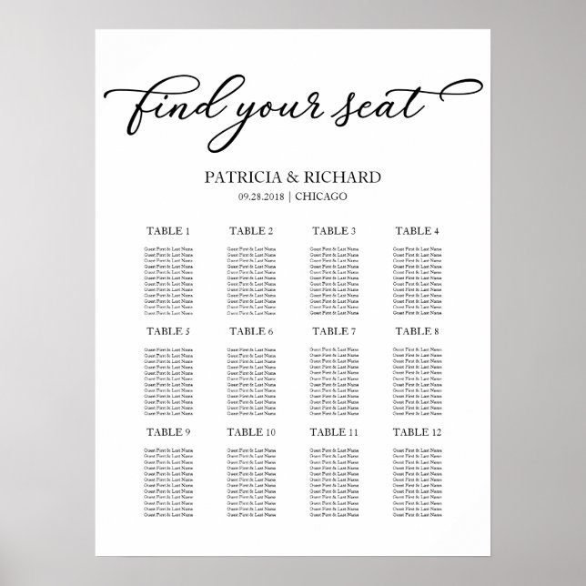 Poster Plano de Assentos de Casamento 12 Mesas Chic Scrip (Frente)