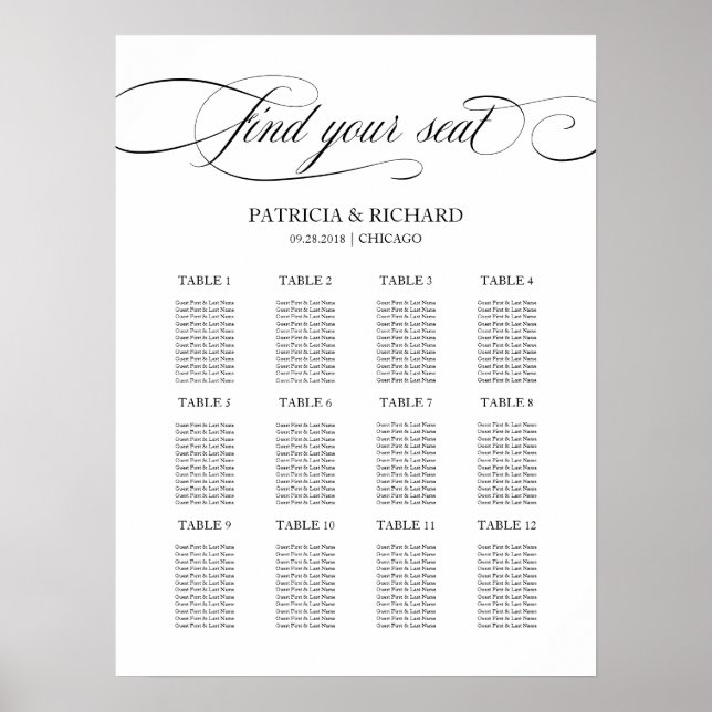Poster Plano de Assentos de Casamento 12 Mesas Escrito Pr (Frente)