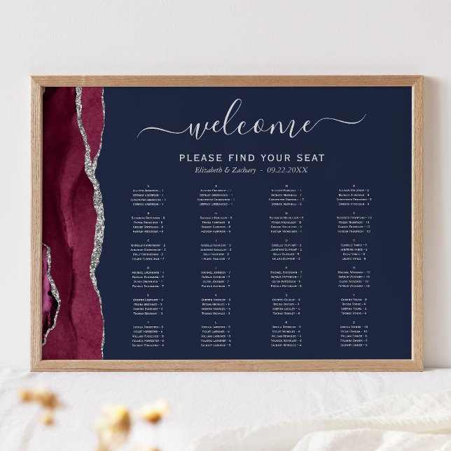 Poster Plano de Assentos de Casamento Azul Naval Ágata Pr (Criador carregado)
