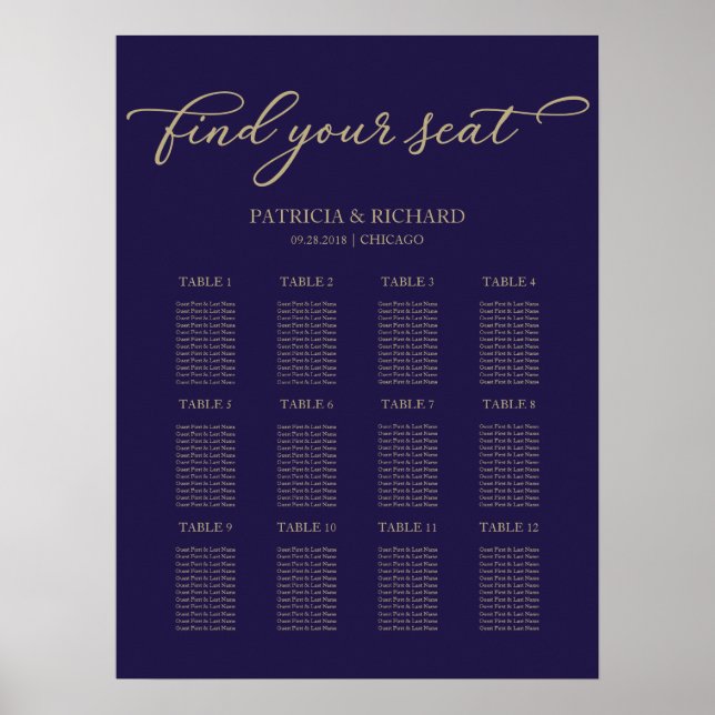 Poster Plano de Assentos de Casamento com 12 Mesas Chic D (Frente)